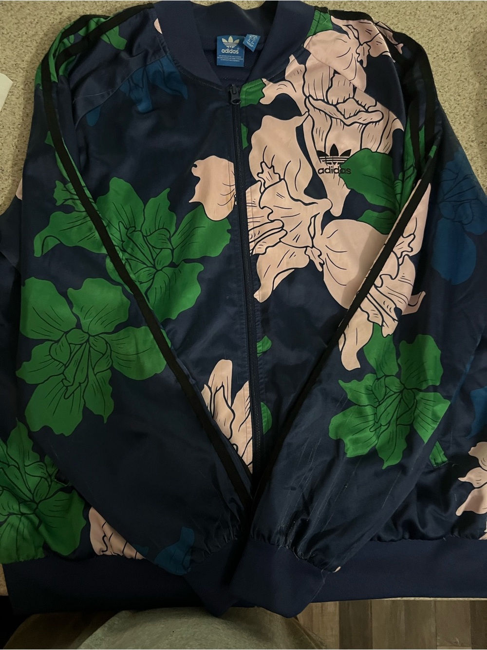 adidas Navy Bomber Jacket with Pink and Green Floral Print